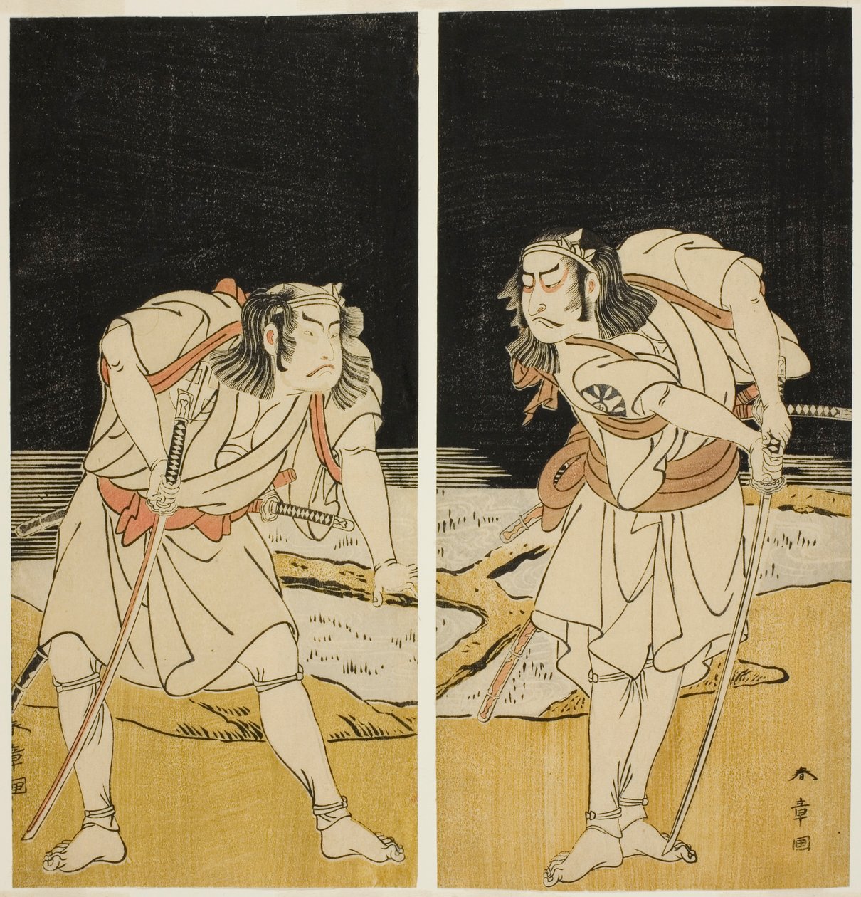 Skuespillerne Nakamura Nakazo I som Omi no Kotoda (til høyre), og Otani Hiroji III som Bamba no Chuda (til venstre), i Joruri "Sono Chidori Yowa no Kamisuki" (The Plovers: Combing Hair at Midnight), fra del to av Spill O-atsurae-zome Soga no Hinagata (A So av Katsukawa Shunsho