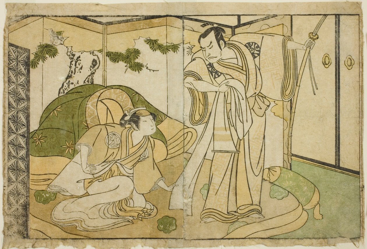 Skuespillerne Nakamura Nakazo I som Taira no Kiyomori (til høyre), og Yamashita Kinsaku II som Tokiwa Gozen (til venstre), i Play Nue no Mori Ichiyo no Mato, fremført på Nakamura Theatre i den ellevte måneden, 1770 av Katsukawa Shunsho