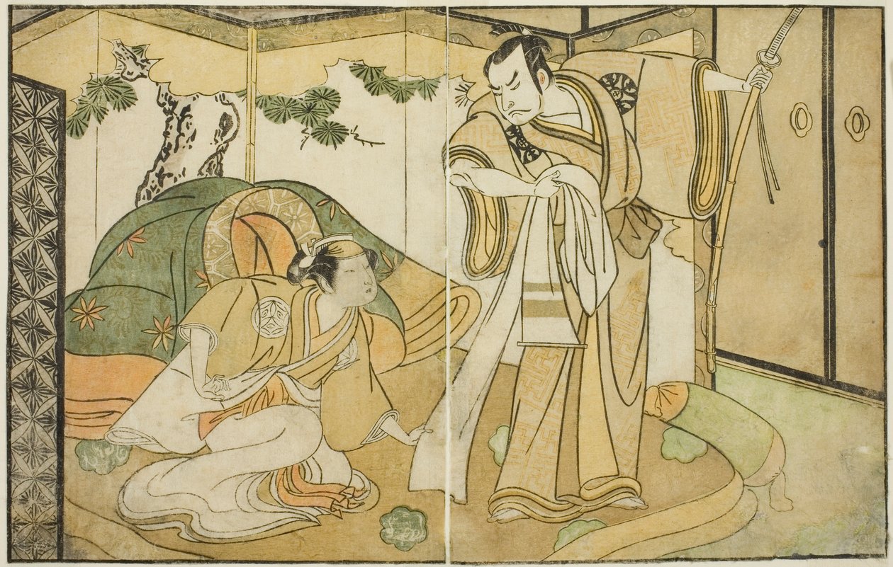 Skuespillerne Nakamura Nakazo I som Taira no Kiyomori (til høyre), og Yamashita Kinsaku II som Tokiwa Gozen (til venstre), i Play Nue no Mori Ichiyo no Mato, fremført på Nakamura Theatre i den ellevte måneden, 1770 av Katsukawa Shunsho