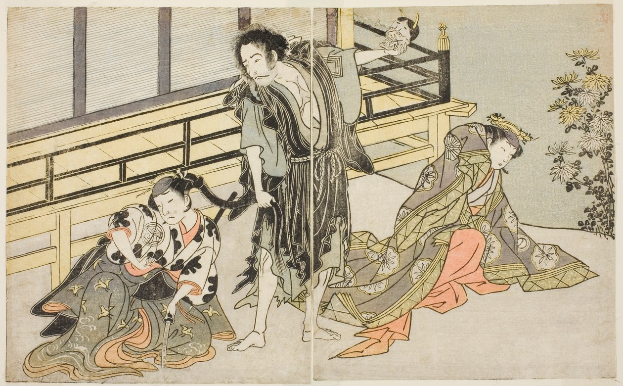 Skuespillerne Nakamura Noshio I som Nyosan no Miya (til høyre), Ichikawa Danjuro V som Renegade Monk Yochin (i midten), og Yamashita Kinsaku II som Maid Mutsuhana (til venstre), i stykket Fuki Kaete Tsukimo Yoshiwara, fremført på Morita Theatre i de elleve av Katsukawa Shunsho