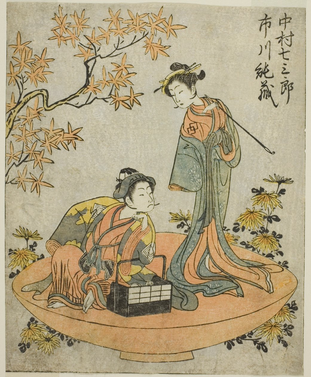 Skuespillerne Nakamura Shichisaburo III (til høyre) og Ichikawa Junzo I (til venstre), i Play Nue no Mori Ichiyo no Mato, fremført på Nakamura Theatre i den ellevte måneden, 1770 av Katsukawa Shunsho