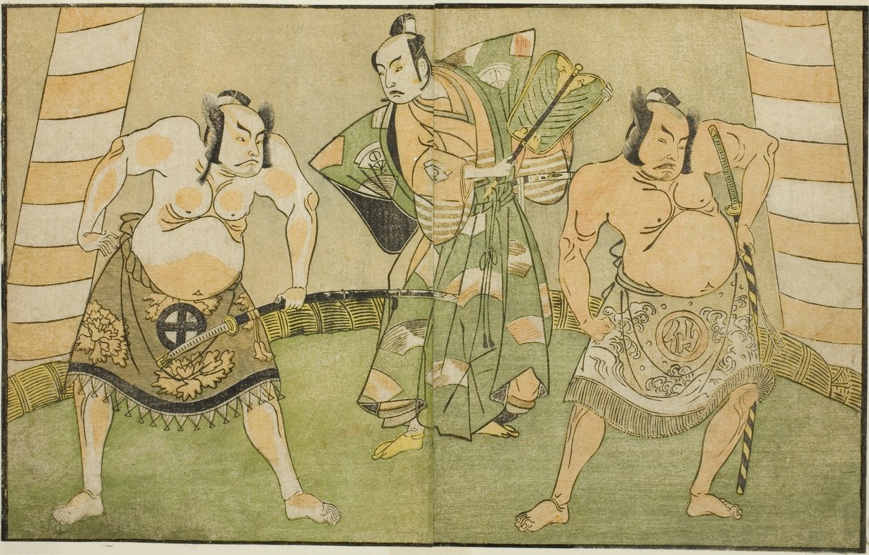 Skuespillerne Nakamura Sukegoro II som Matano no Goro (til høyre), Onoe Kikugoro I som Soga no Taro (i midten), og Otani Hiroji III som Kawazu no Saburo (til venstre), i stykket Myoto-giku Izu no Kisewata, fremført på Ichimura Teater i den ellevte måneden, av Katsukawa Shunsho