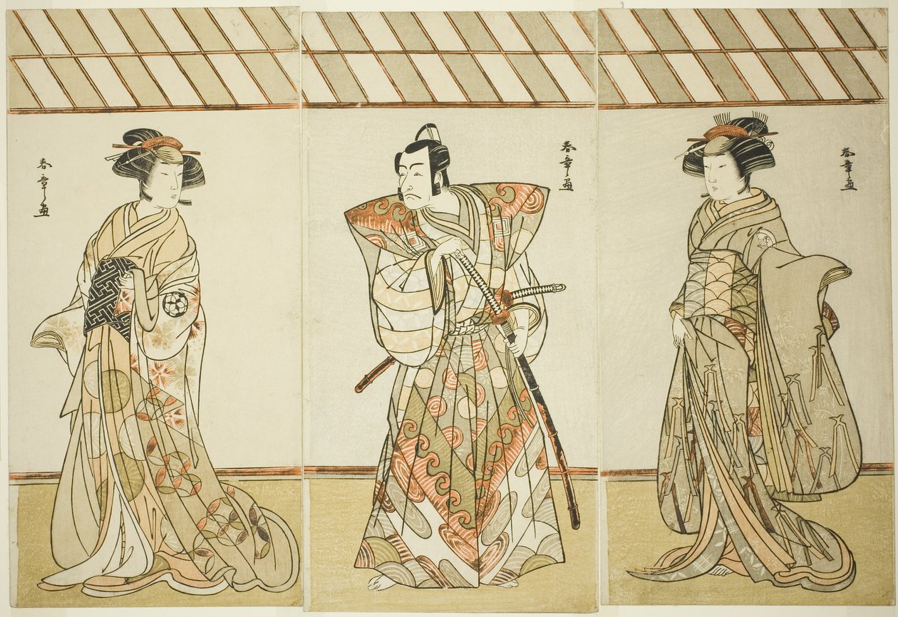 Skuespillerne Onoe Tamizo I som Nishikigi (?) eller Otae (?) (til høyre), Ichikawa Danjuro V som Miura Heidayu Kunitae (?) (i midten), og Osagawa Tsuneyo II som Oyuki (?) (til venstre), i Play Date Nishiki Tsui no Yumitori (?), fremført på Morita Theatre ( av Katsukawa Shunsho