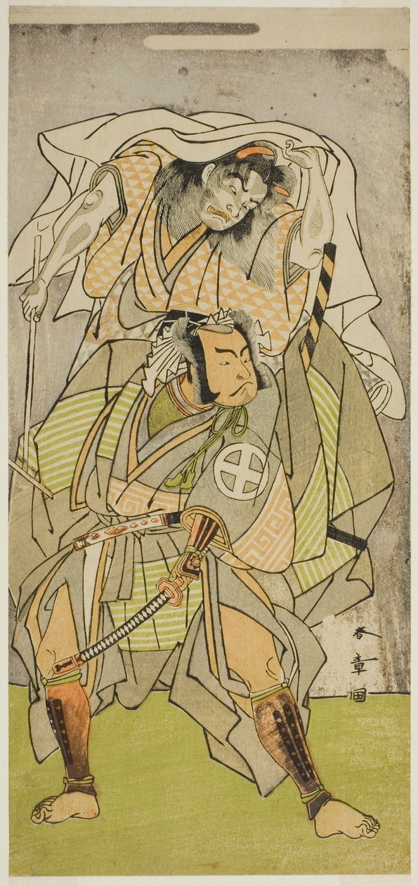 Skuespillerne Otani Hiroji III som Koga Saburo, og Ichimura Uzaemon IX som djevelen fra Kogakeyama, Spirit of Wakasa no Zenji Yasumura, i stykket Kono Hana Yotsugi no Hachi no Ki, fremført på Ichimura Theatre i den ellevte måneden, 1771 av Katsukawa Shunsho