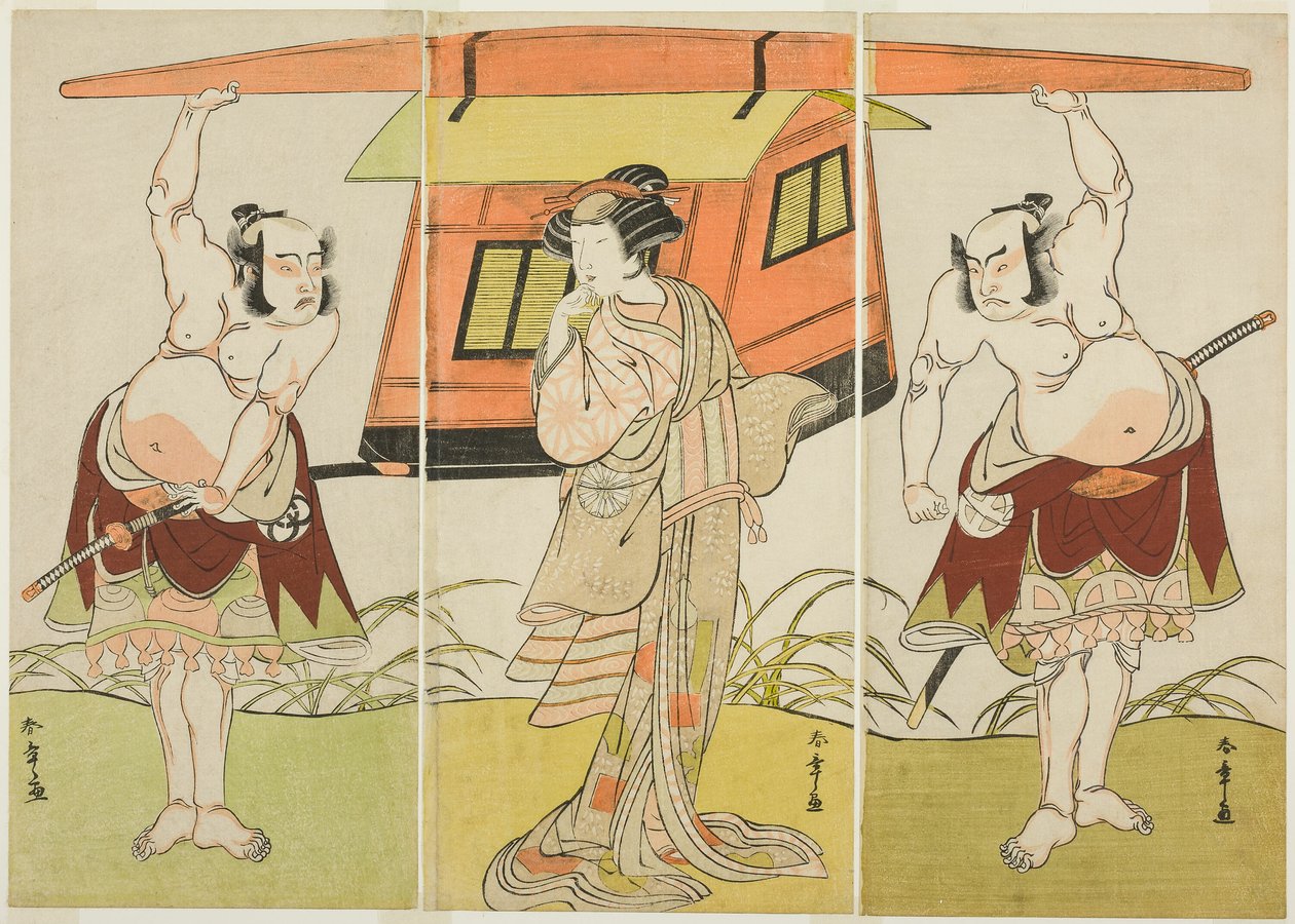 Skuespillerne Otani Hiroji III som Yokambei (til høyre), Nakamura Tomijuro I som Kuzunoha (i midten), og Bando Mitsugoro I som Yakambei (til venstre), i siste scene fra stykket Shinodazuma (Kona fra Shinoda-skogen), fremført som et supplement til Play Kiky av Katsukawa Shunsho