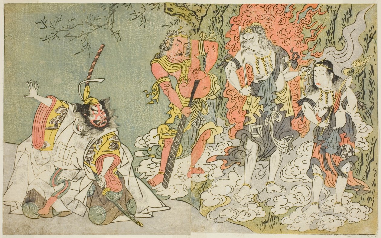 Skuespillerne Sawamura Kijuro I som Ikazuchi Shinno, Prince of Thunder (helt til venstre), Ichikawa Danjuro V som den buddhistiske guddommen Fudo (andre fra venstre), Nakamura Sukegoro II som Seitaka Doji (andre fra høyre), og Bando Mitsugoro I som Kongara av Katsukawa Shunsho