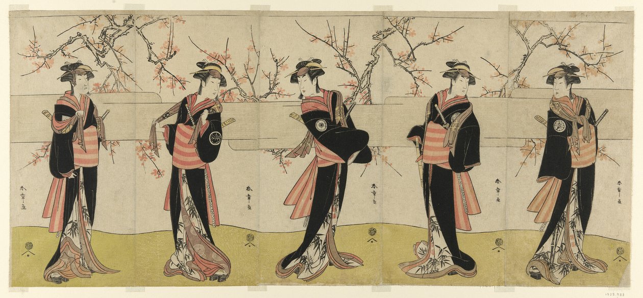 Skuespillerne Segawa Kikunojo III som Karigane Obun, Nakayama Tomisaburo I som An no Oyasu, Iwai Kiyotaro II som Kaminari no Osha, Nakayama Tatezo I som Gokuin no Osen, og Ichikawa Monnosuke II som Hotei no Oichi (høyre til venstre), i "Gonin" Onna," scene av Katsukawa Shunsho