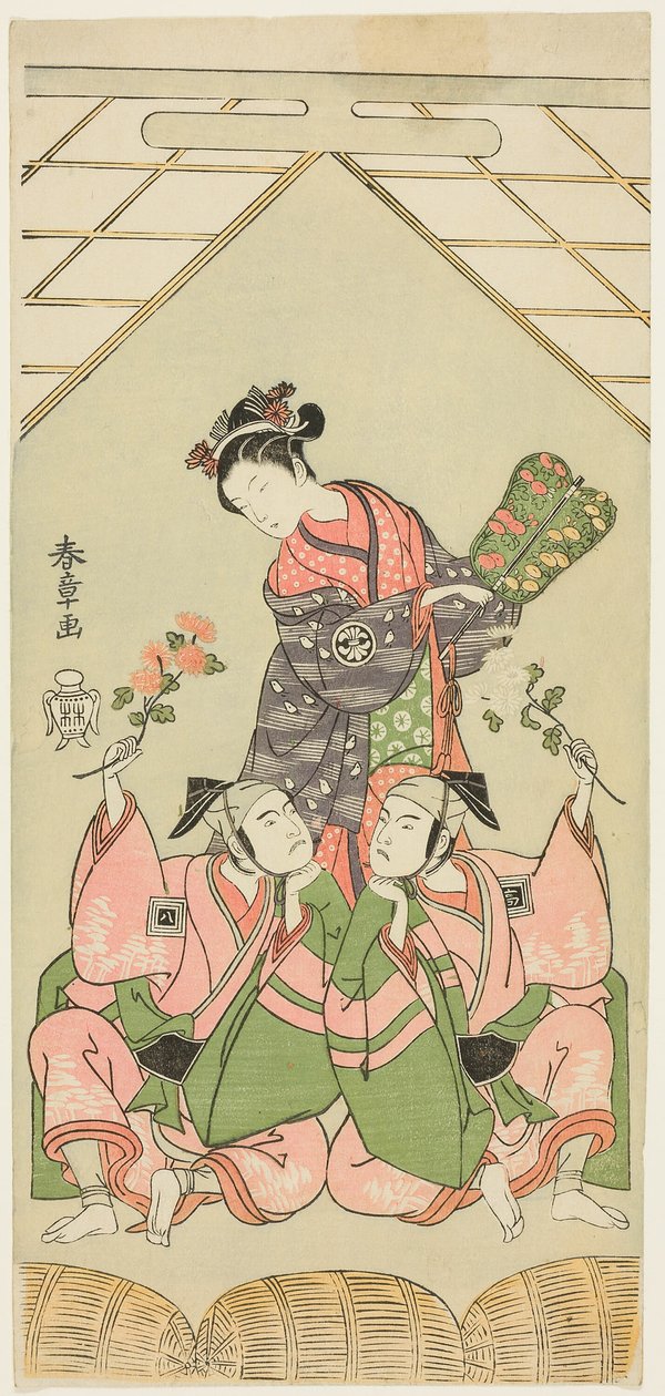 Skuespillerne Segawa Kikunojo II som den våte sykepleieren Reizei, Ichikawa Komazo I som Suruga no Hachiro i form av Shamisen-spilleren Kichiroku (til høyre), og Ichikawa Yaozo II som Tada no Kurando i form av Palanquin-bæreren Kichinai (til venstre), i sc av Katsukawa Shunsho