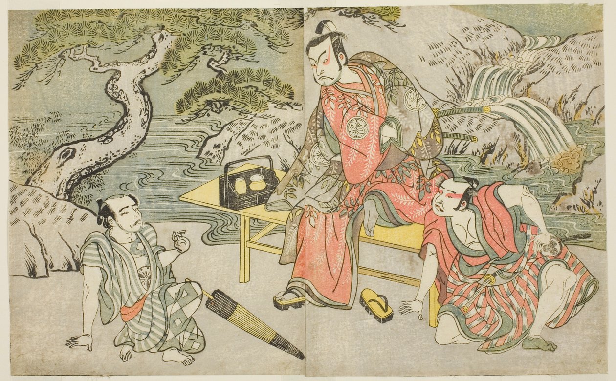 Skuespillerne Tomizawa Hanzaburo II som Nagoya Sanzaemon (ofte kalt Sanza) (til høyre), Nakamura Juzo II som Fuwa Banzaemon (i midten), og en uidentifisert skuespiller som lommetyven Matsumoto Daishichi (til venstre), i stykket Fuki Kaete Tsukimo Yoshiwara av Katsukawa Shunsho