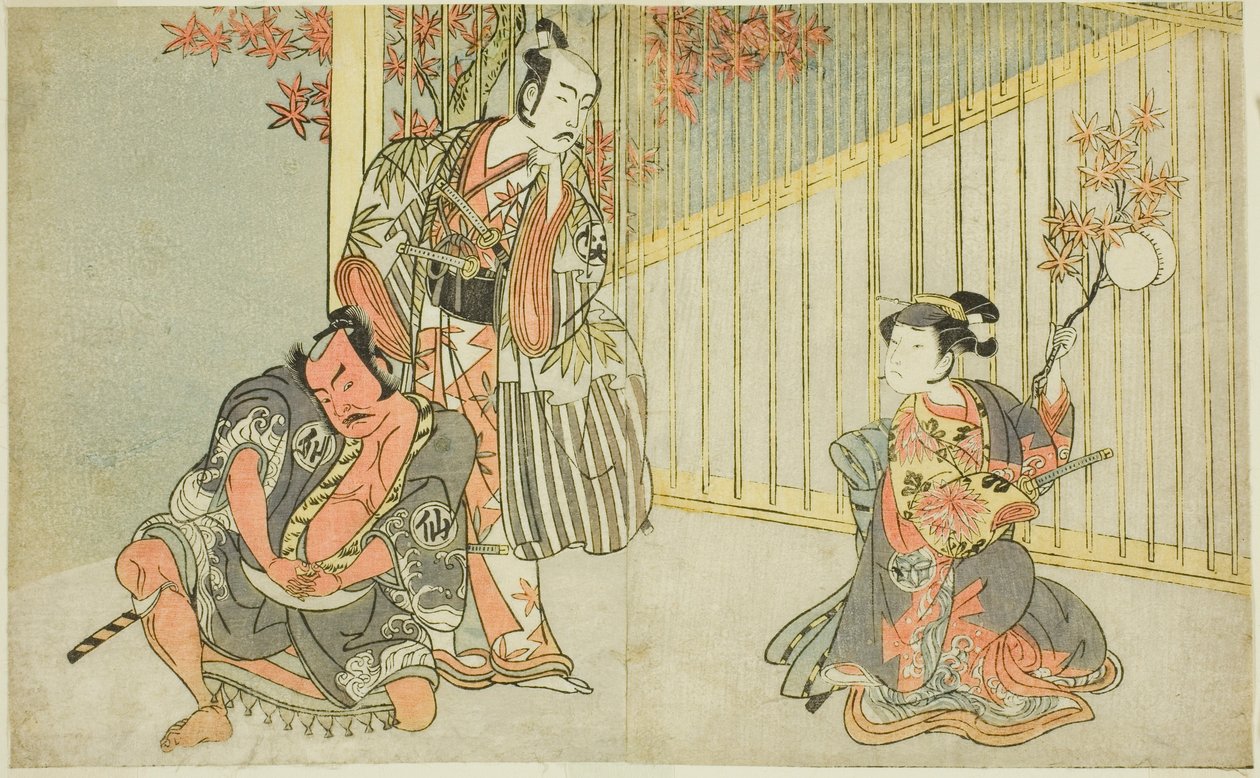 Skuespillerne Yamashita Kinsaku II som Mutsuhana (til høyre), Bando Mitsugoro I som Kashiwagi no Emon (i midten), og Nakamura Sukegoro II som Akamatsu Mushanosuke (til venstre), i stykket Fuki Kaete Tsukimo Yoshiwara (Rethatched Roof: The Moon also Shines  av Katsukawa Shunsho
