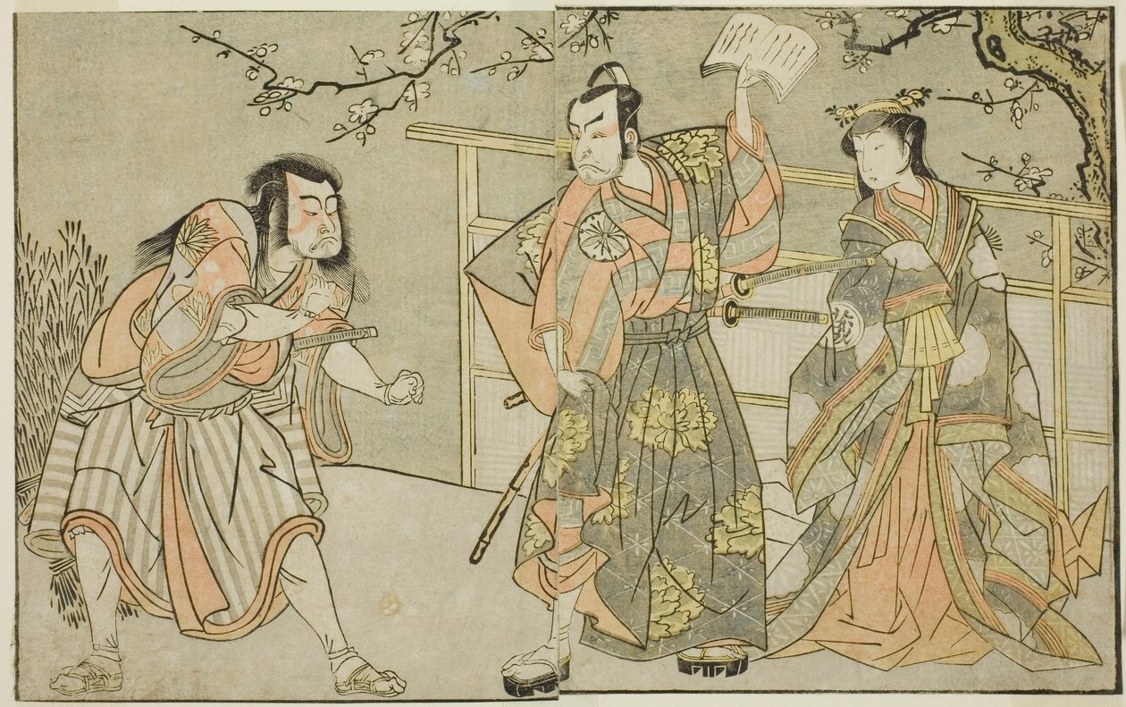 Skuespillerne Yamashita Yaozo I som Ono no Komachi (til høyre), Matsumoto Koshiro II som Godai Saburo (i midten), og Ichikawa Danzo III som Otomo no Kuronushi (til venstre), i stykket "Kuni no Hana Ono no Itsumoji," fremført på Nakamura Theatre i den ellev av Katsukawa Shunsho