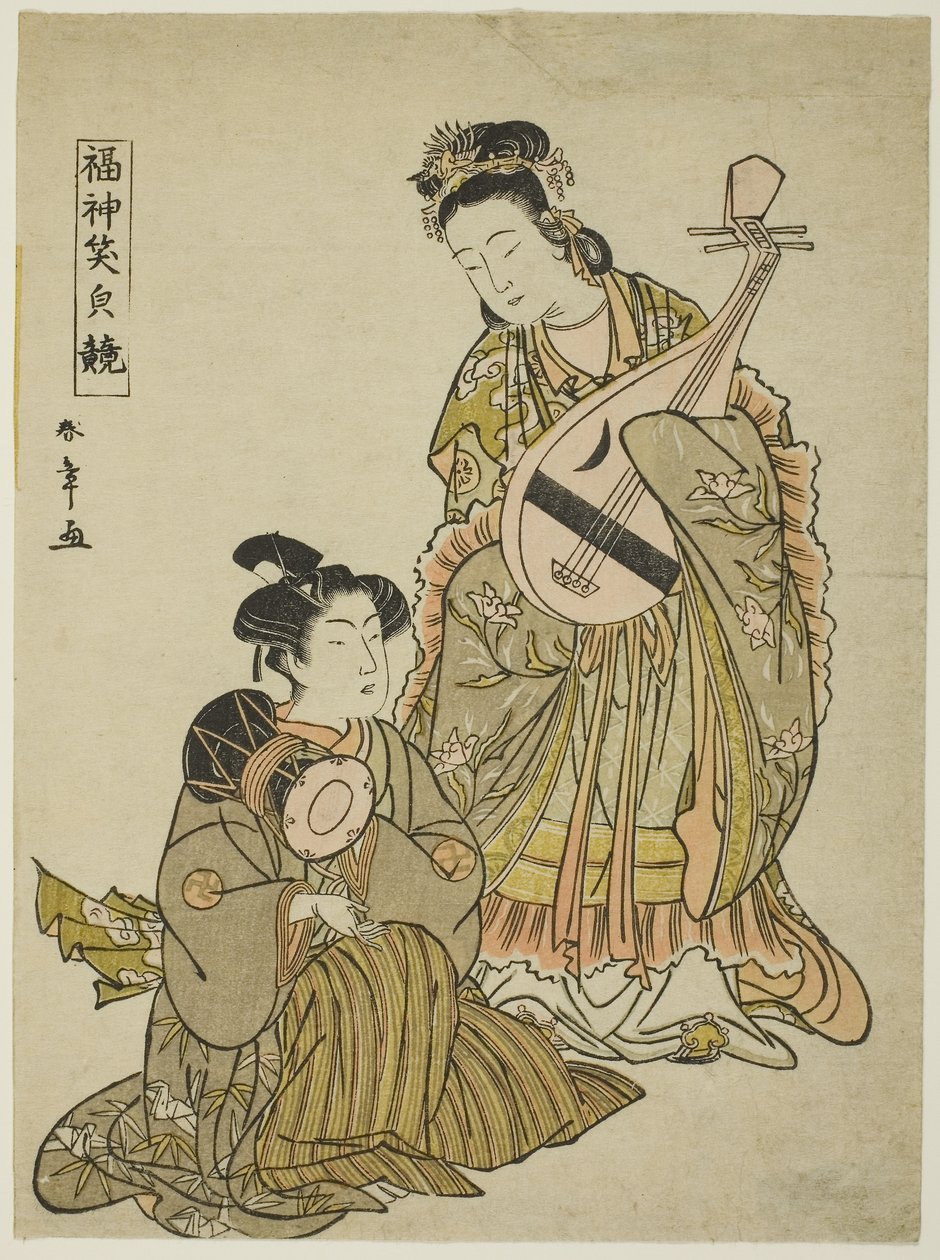 Gudinnen Benten som holder en Biwa og en ung mann som holder en skuldertromme, fra serien "Comparing the Smiles of the Lucky Gods", sent på 1780-tallet (farget treblokktrykk; koban) av Katsukawa Shunsho