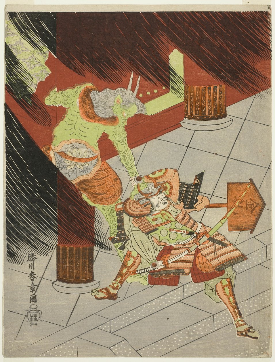 Krigeren Watanabe no Tsuna kjemper mot demonen ved Rashomon av Katsukawa Shunsho