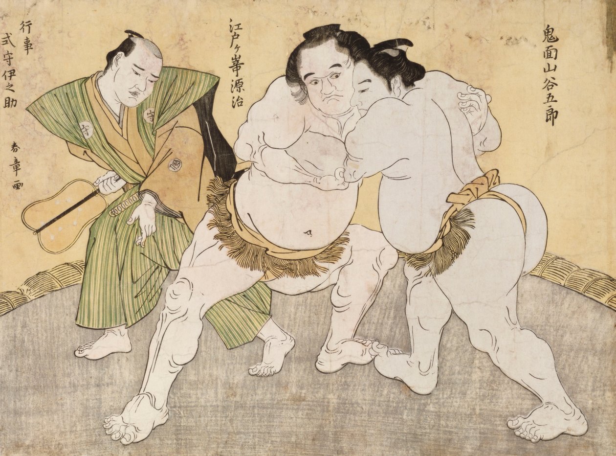 Brytekampen mellom Kimenzan Tanigoro og Edogasaki Gemji (farget treblokktrykk) av Katsukawa Shunsho