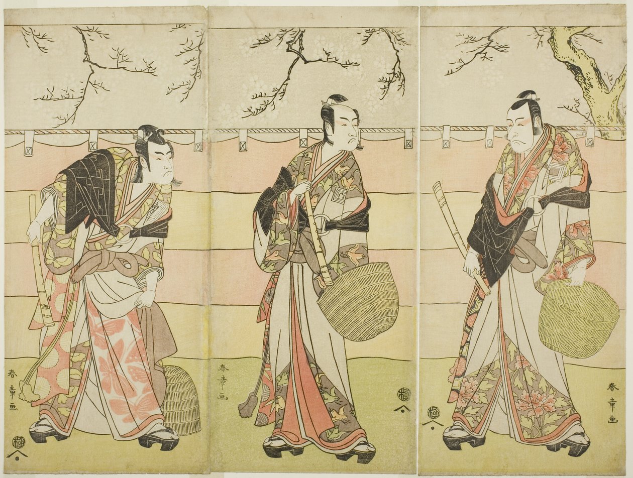 Three Komuso Monks: The Actors Ichikawa Ebizo (Danjuro V) som Kudo Suketsune (til høyre), Ichikawa Monnosuke II som Soga no Juro Sukenari (i midten), og Ichikawa Omezo I som Soga no Goro Tokimune (til venstre), i stykkets sjette akt Waka Murasaki Edokko So av Katsukawa Shunsho