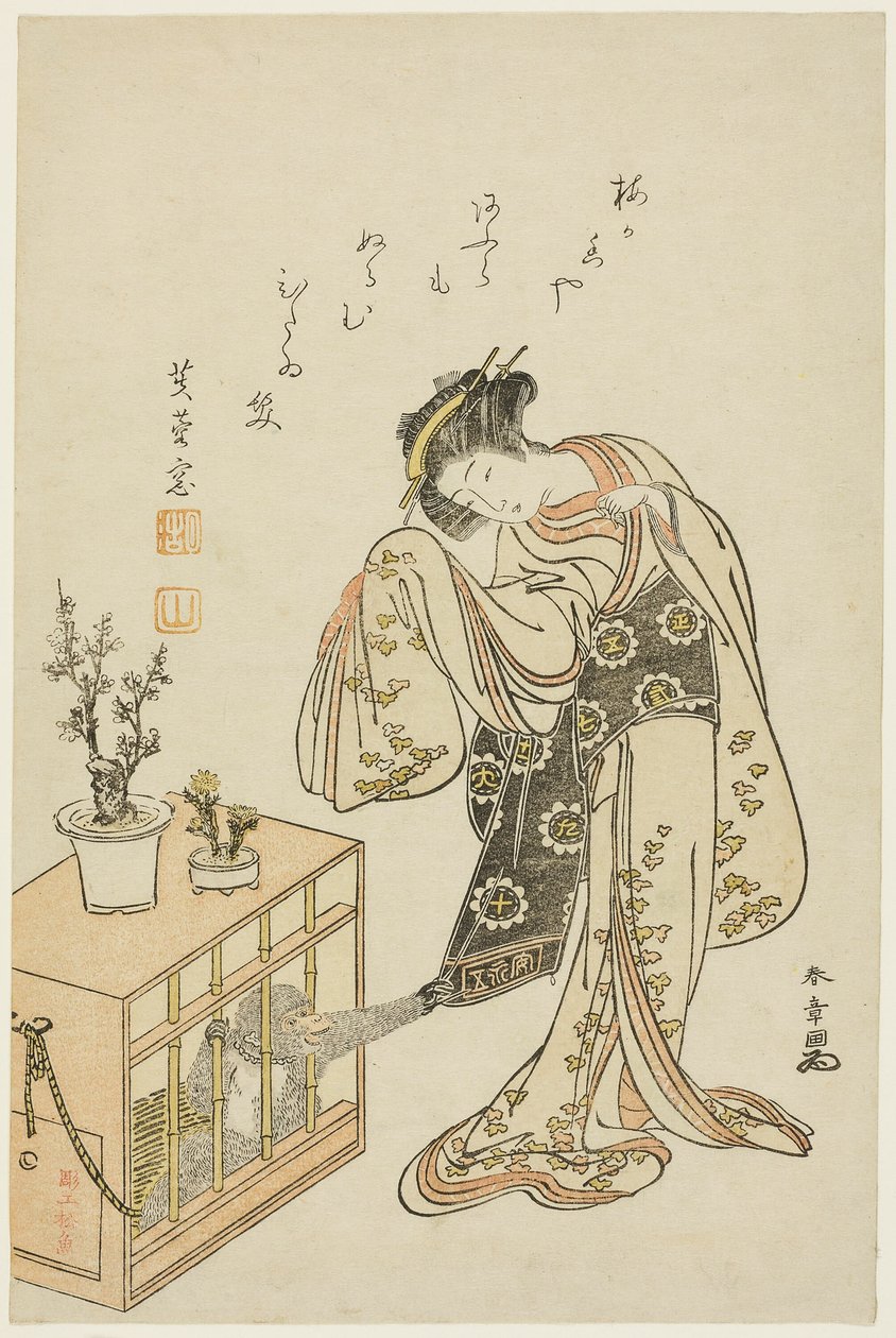 Ung kvinne med en ape i bur (kalendertrykk for nyttår 1776) av Katsukawa Shunsho