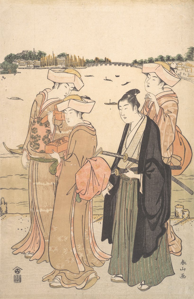 En ung samurai og tre kvinner, ca. 1789. av Katsukawa Shunzan