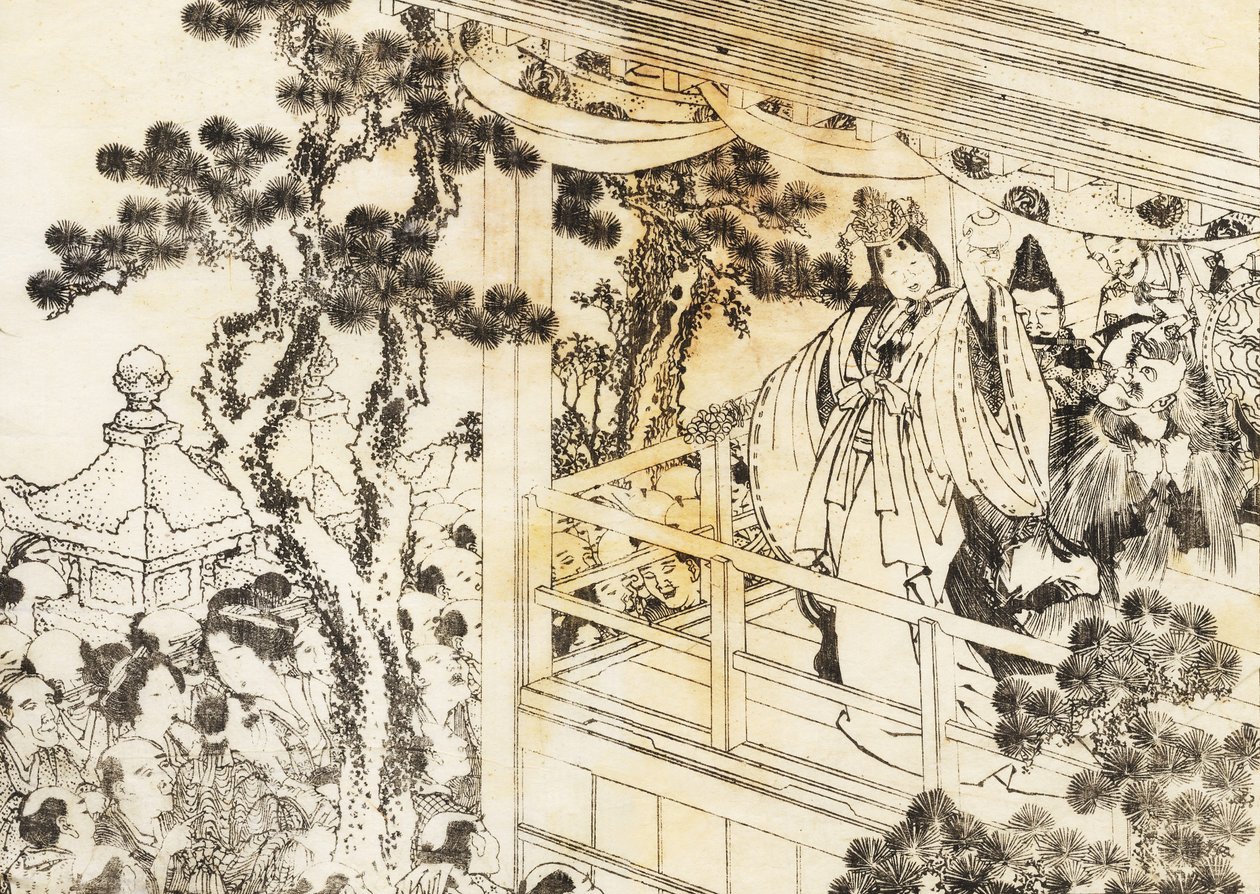 En scene med en shinto -helligdans av Katsushika Hokusai