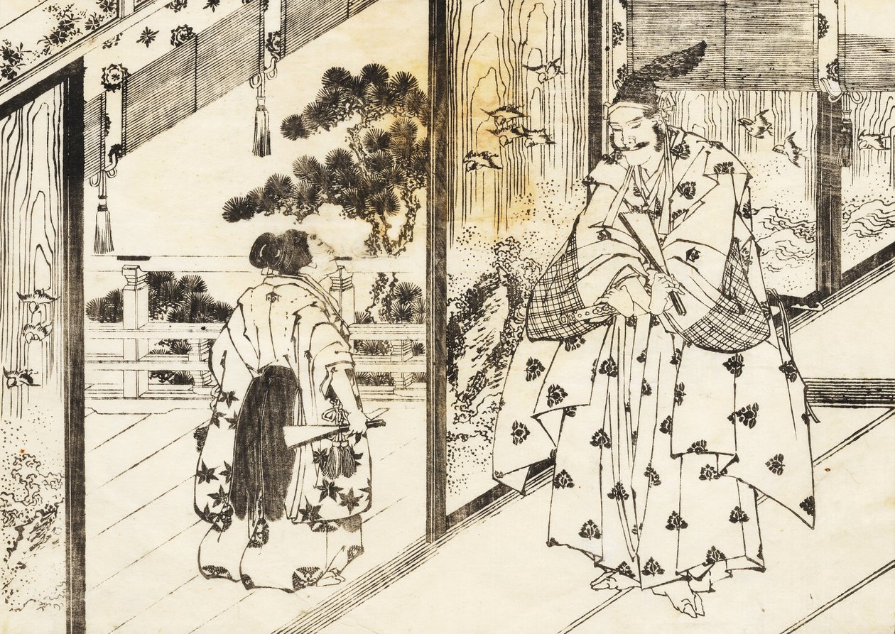 En velutdannet gutt viser respekt til en eldre mann av Katsushika Hokusai