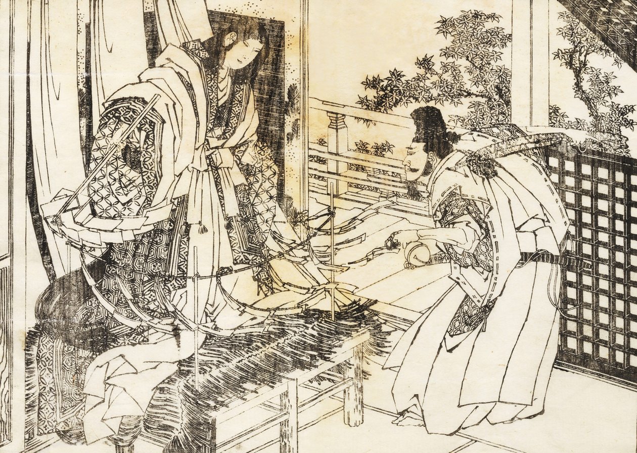 En kvinne i shinto -helligdommen har en pinne med mange papirblader av Katsushika Hokusai
