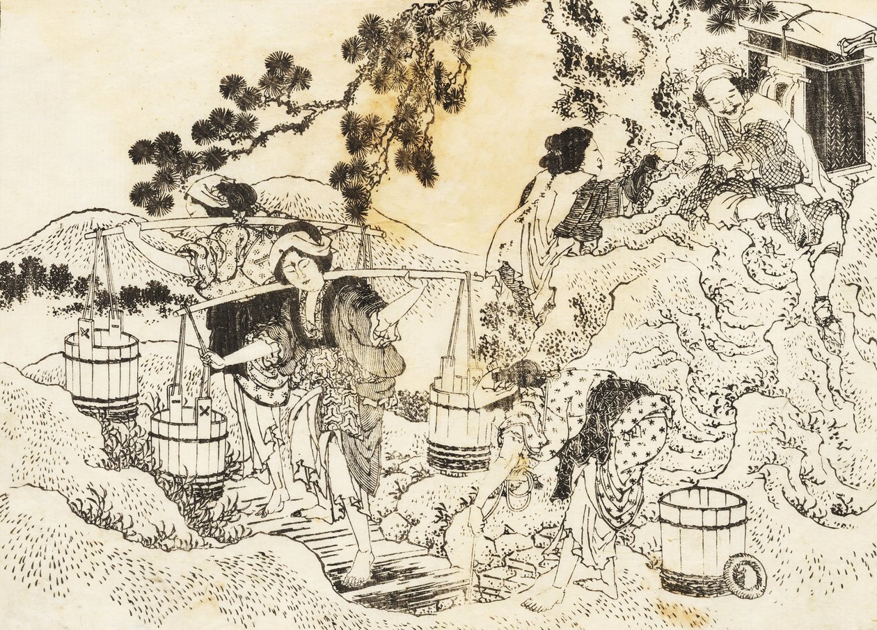 Fire kvinner jobber veldig hardt og bærer vannkar av Katsushika Hokusai