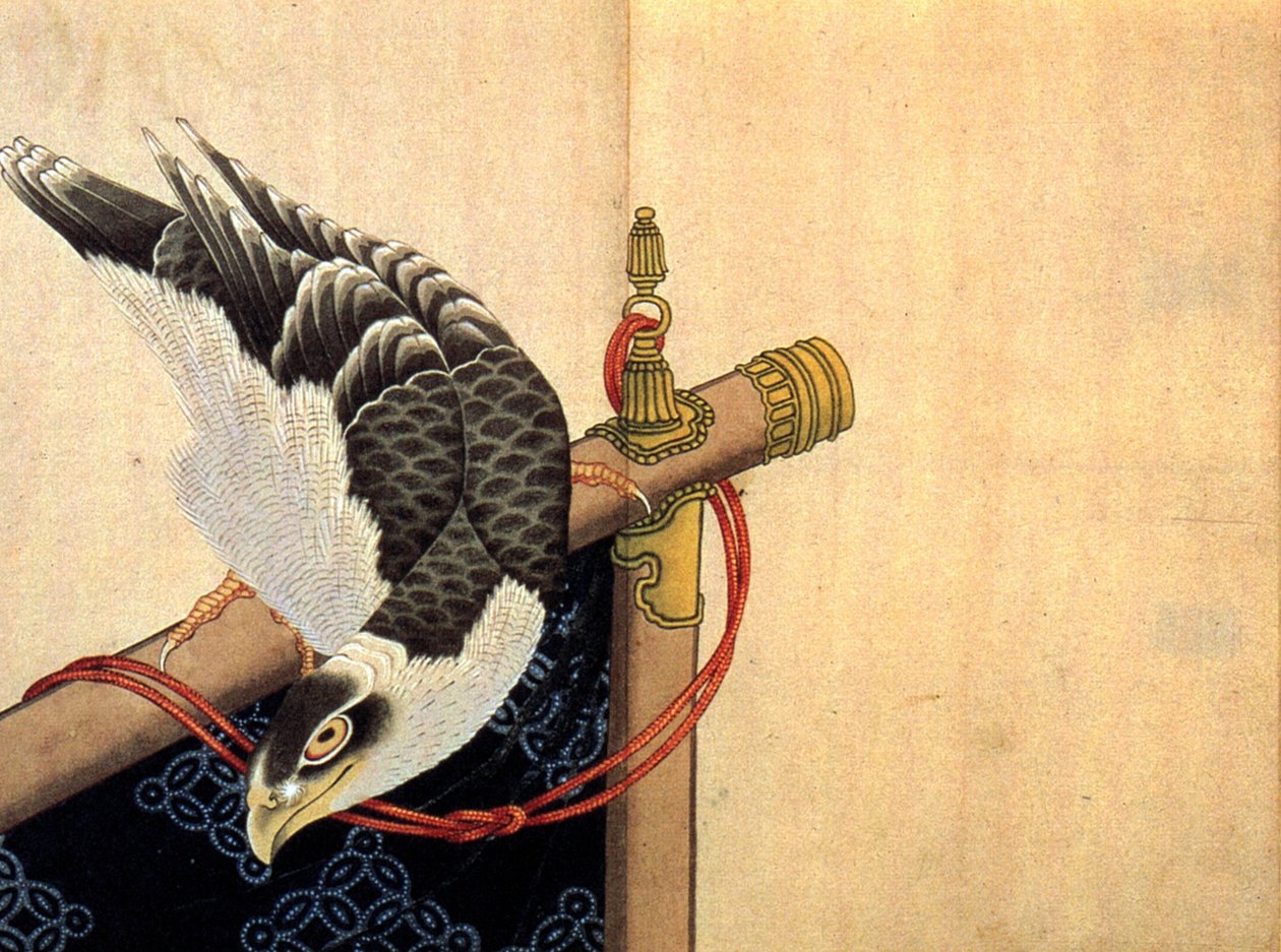 Hawk på en seremoniell stand av Katsushika Hokusai