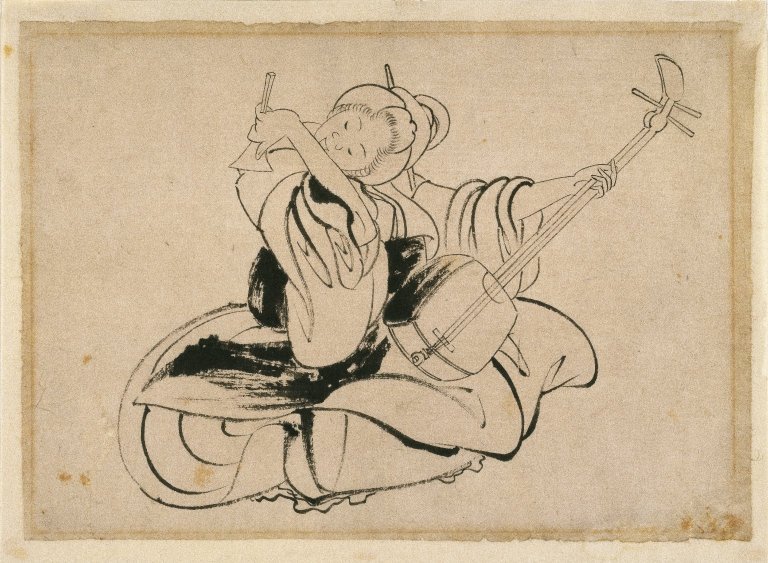 Sittende kvinne med Shamisen av Katsushika Hokusai
