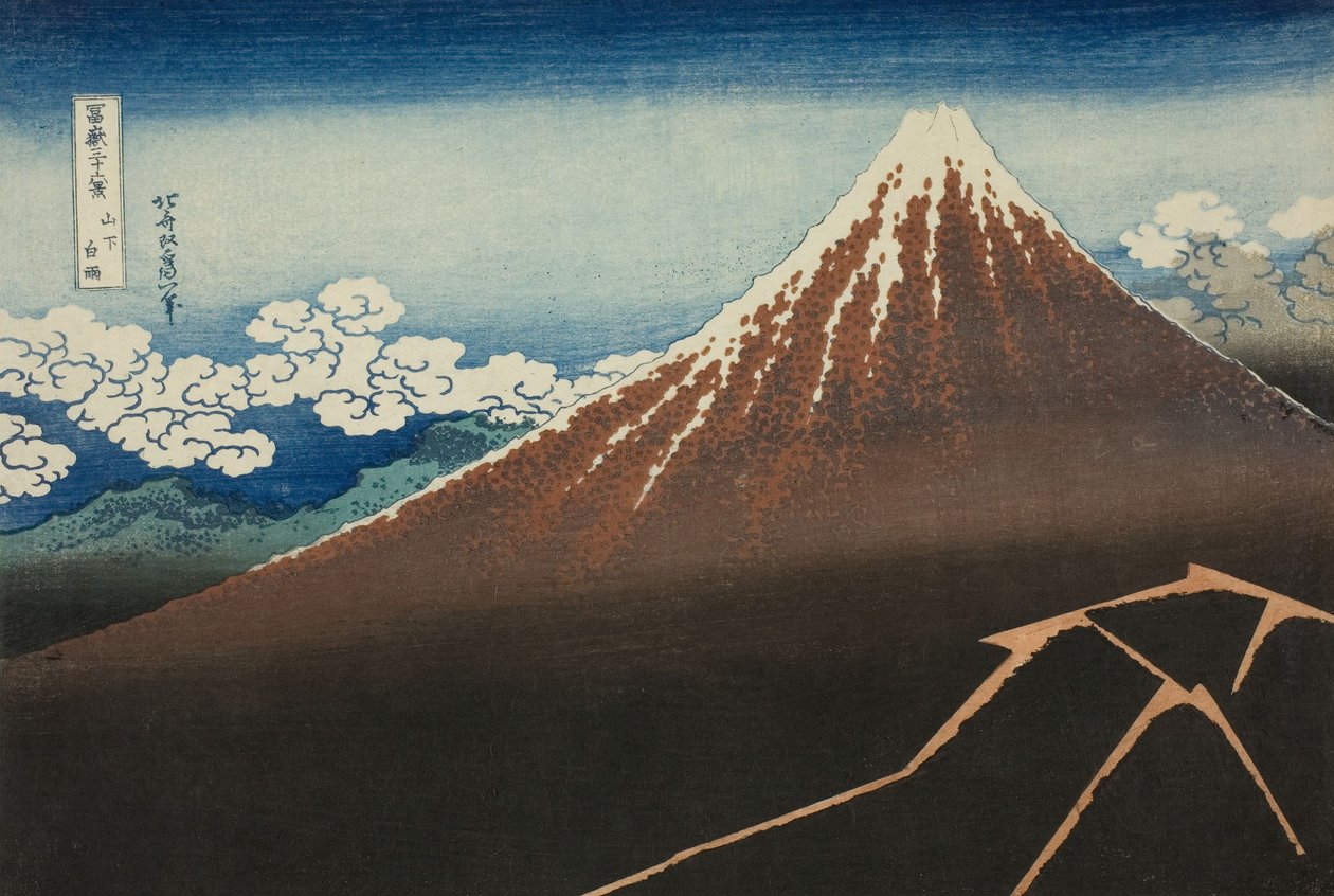 Shower Below the Summit (Sanka hakuu), fra serien Thirty-six Views of Mount Fuji (Fugaku sanjur ... av Katsushika Hokusai