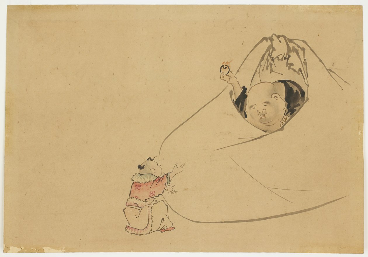Hotei tilbyr flammende juvel til en liten gutt, ca. 1850 (blekk og farge på papir) av Katsushika (school of) Hokusai