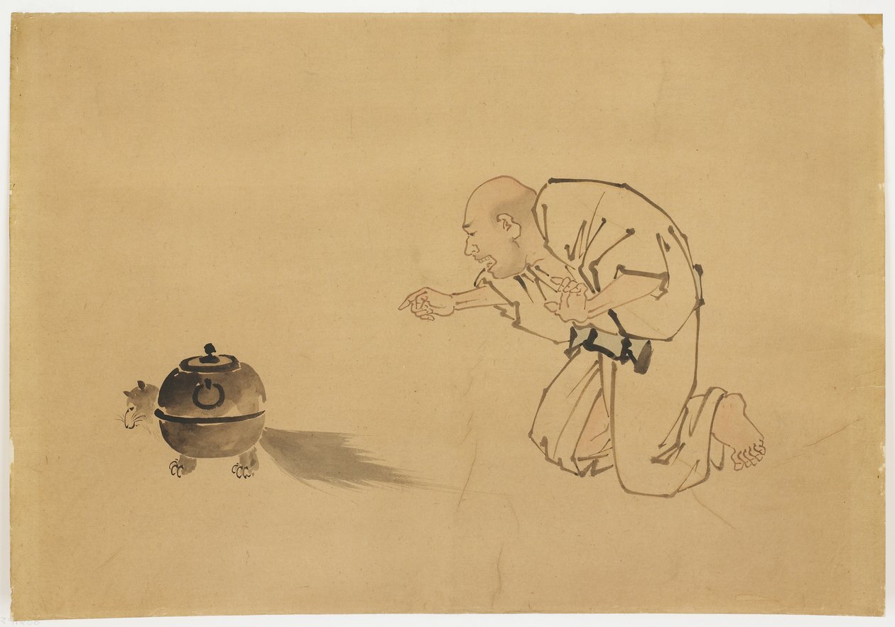 Illustrasjon til "Tanuki Teakettle", ca. 1850 (blekk og farge på papir) av Katsushika (school of) Hokusai