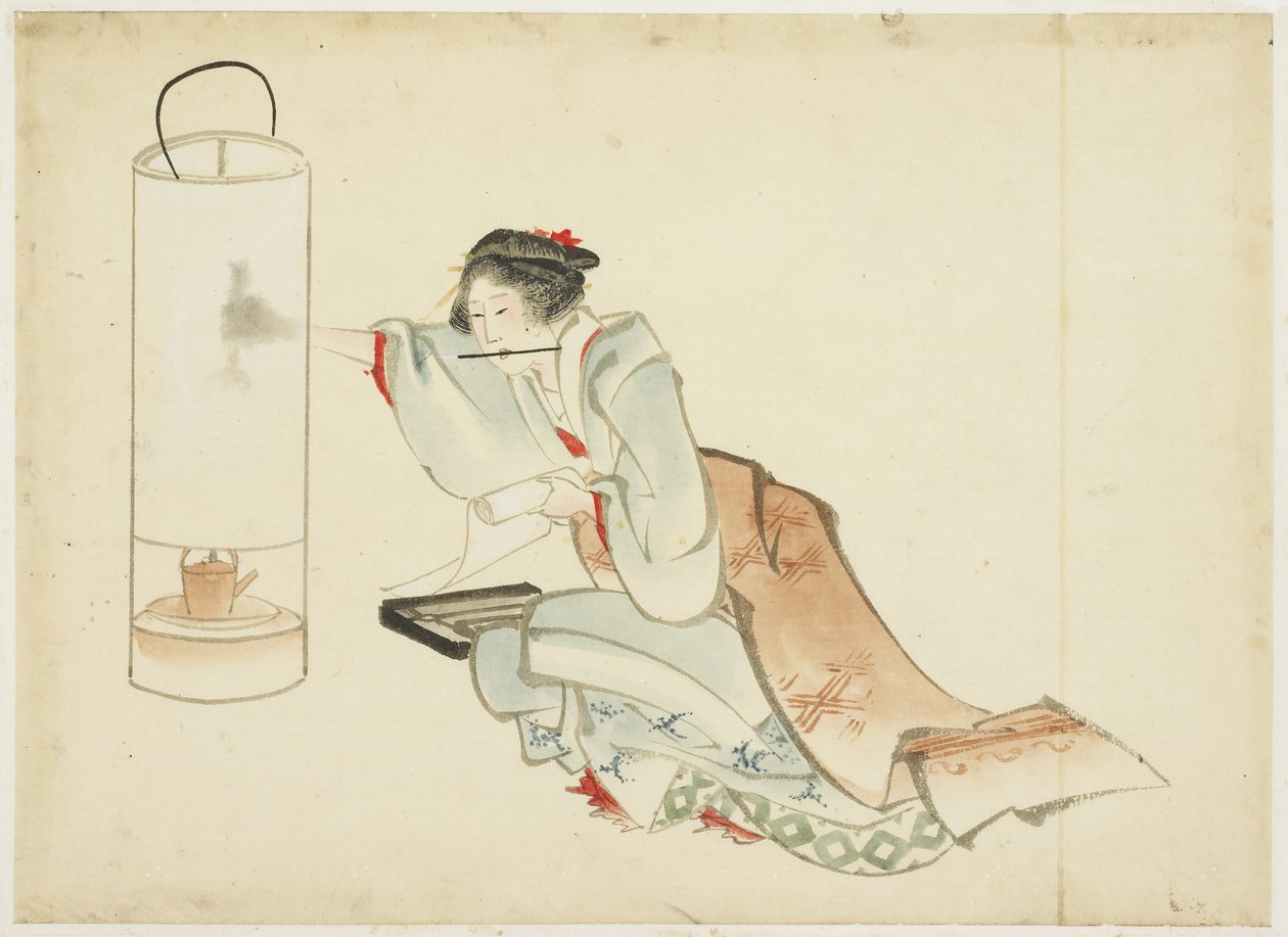 Lady Adjusting a Lamp, ca. 1815-1849 (blekk og farge på papir) av Katsushika (school of) Hokusai