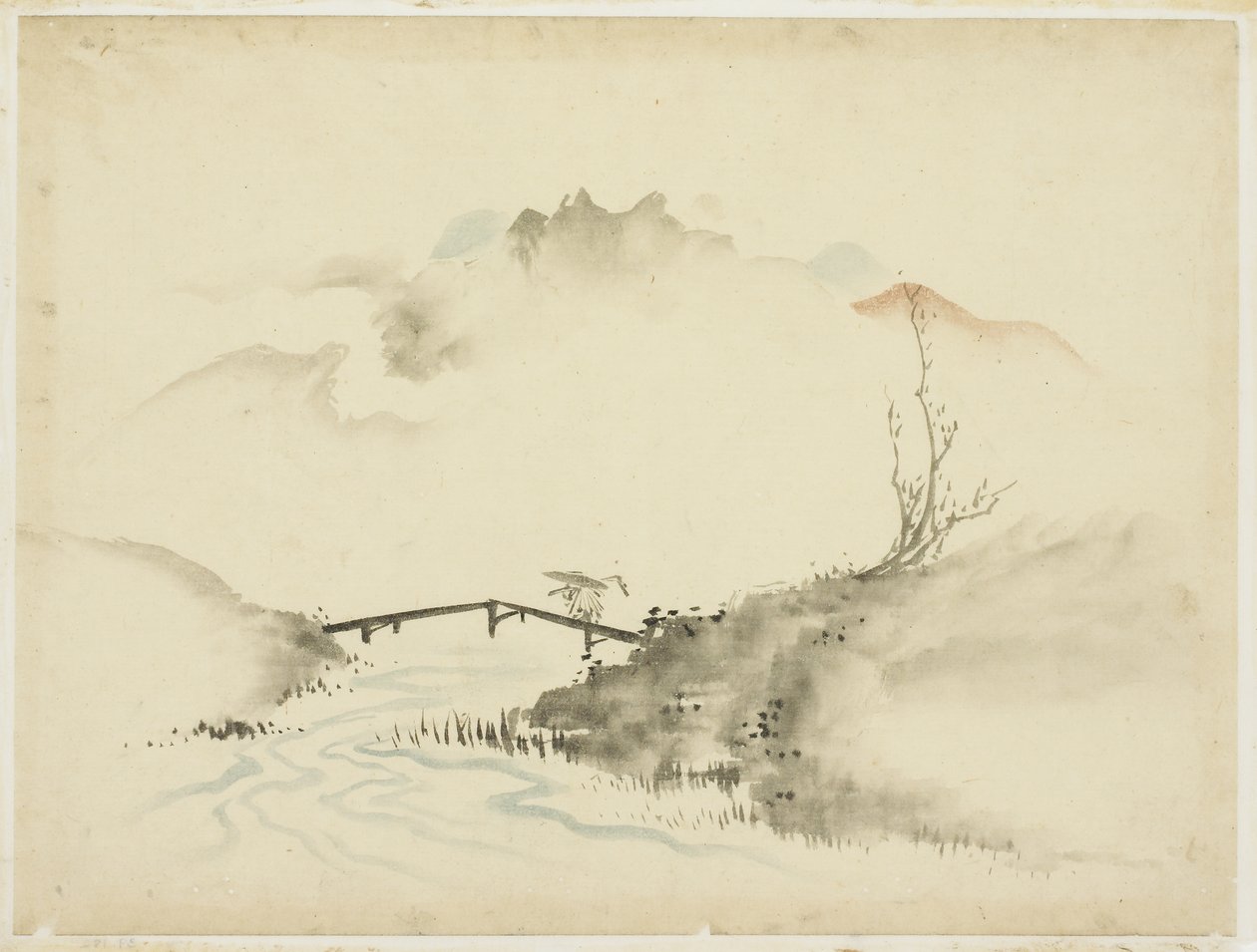 Landskap med Farmer Crossing Bridge, 1615-1868 (blekk og farge på papir) av Katsushika (school of) Hokusai