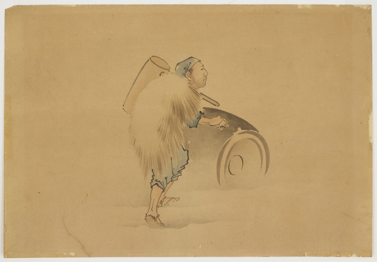 Man with Mallet Rolling Barrel, ca. 1850 (blekk og farge på papir) av Katsushika (school of) Hokusai