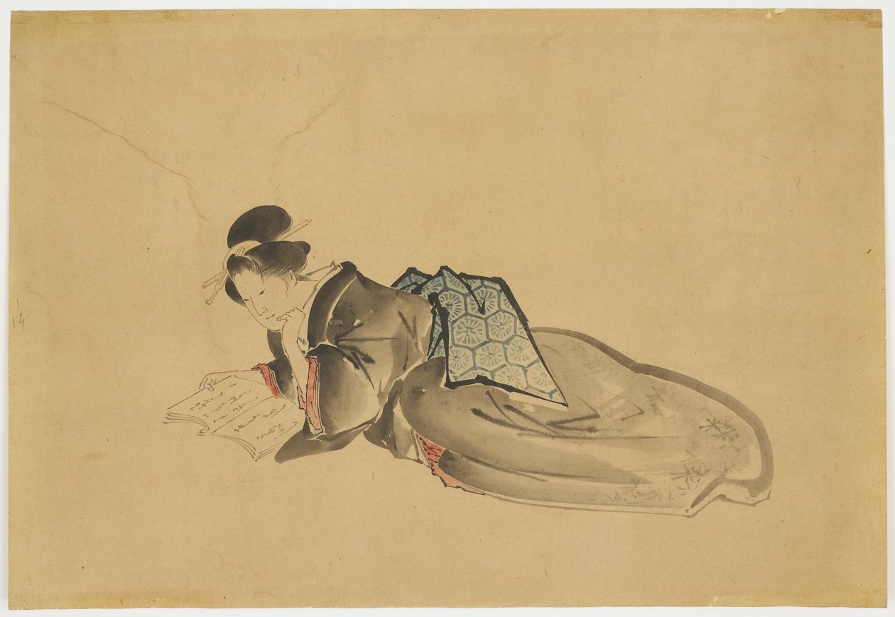 Reclining Courtesan Reading, ca. 1850 (blekk og farger på papir) av Katsushika (school of) Hokusai