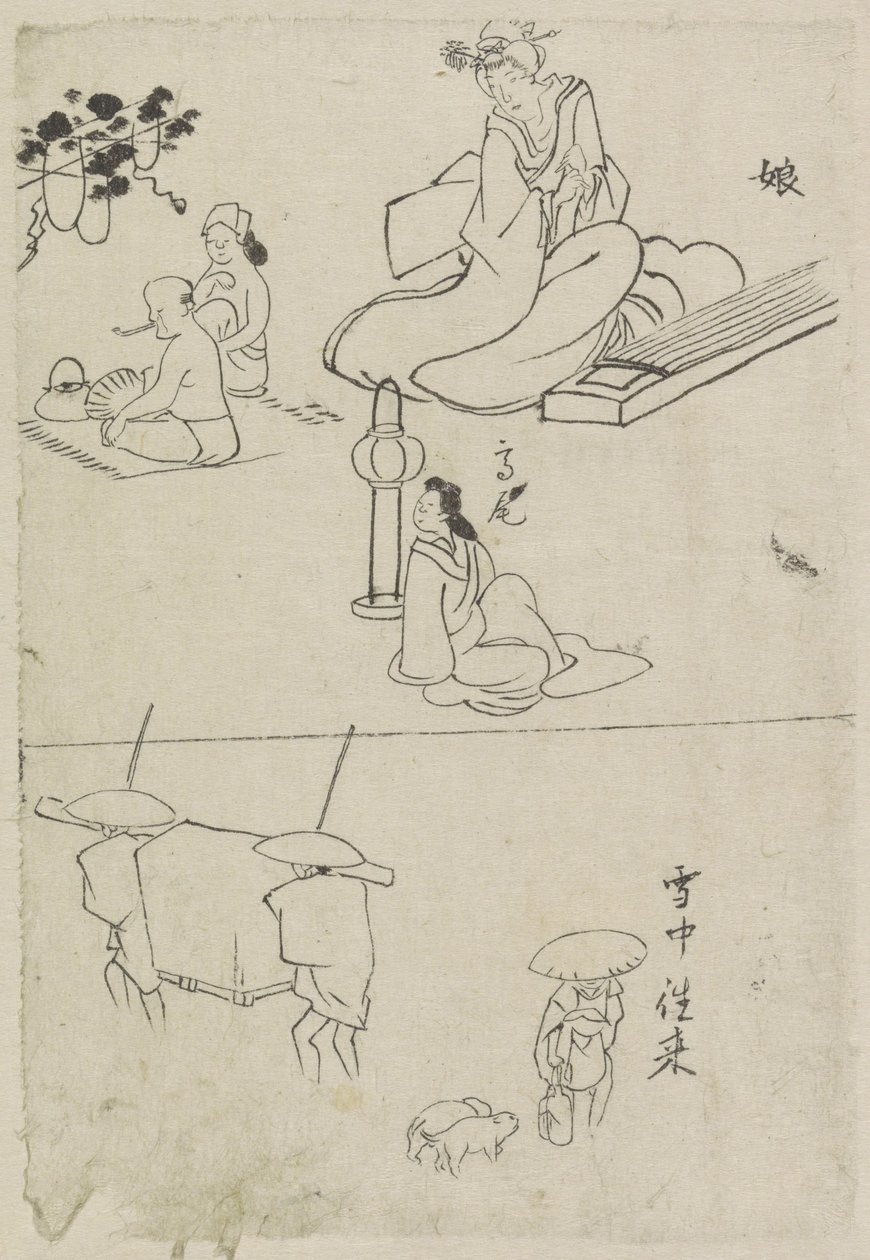 Ulike forestillinger, blant annet en dame med koto, en sittende dame og to menn av After Katsushika Hokusai