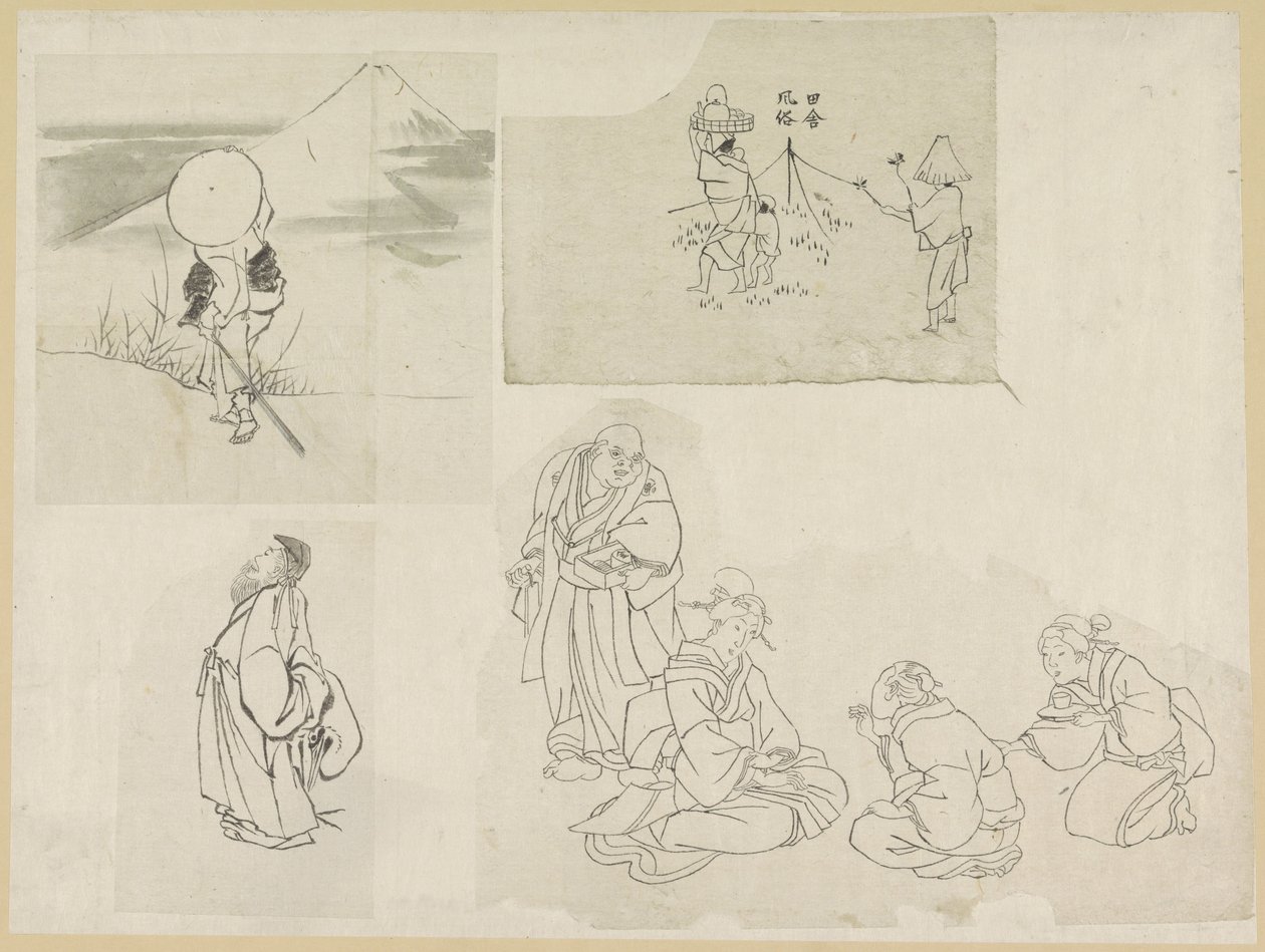 Fire scener med forskjellige figurer av Katsushika Hokusai (possibly)