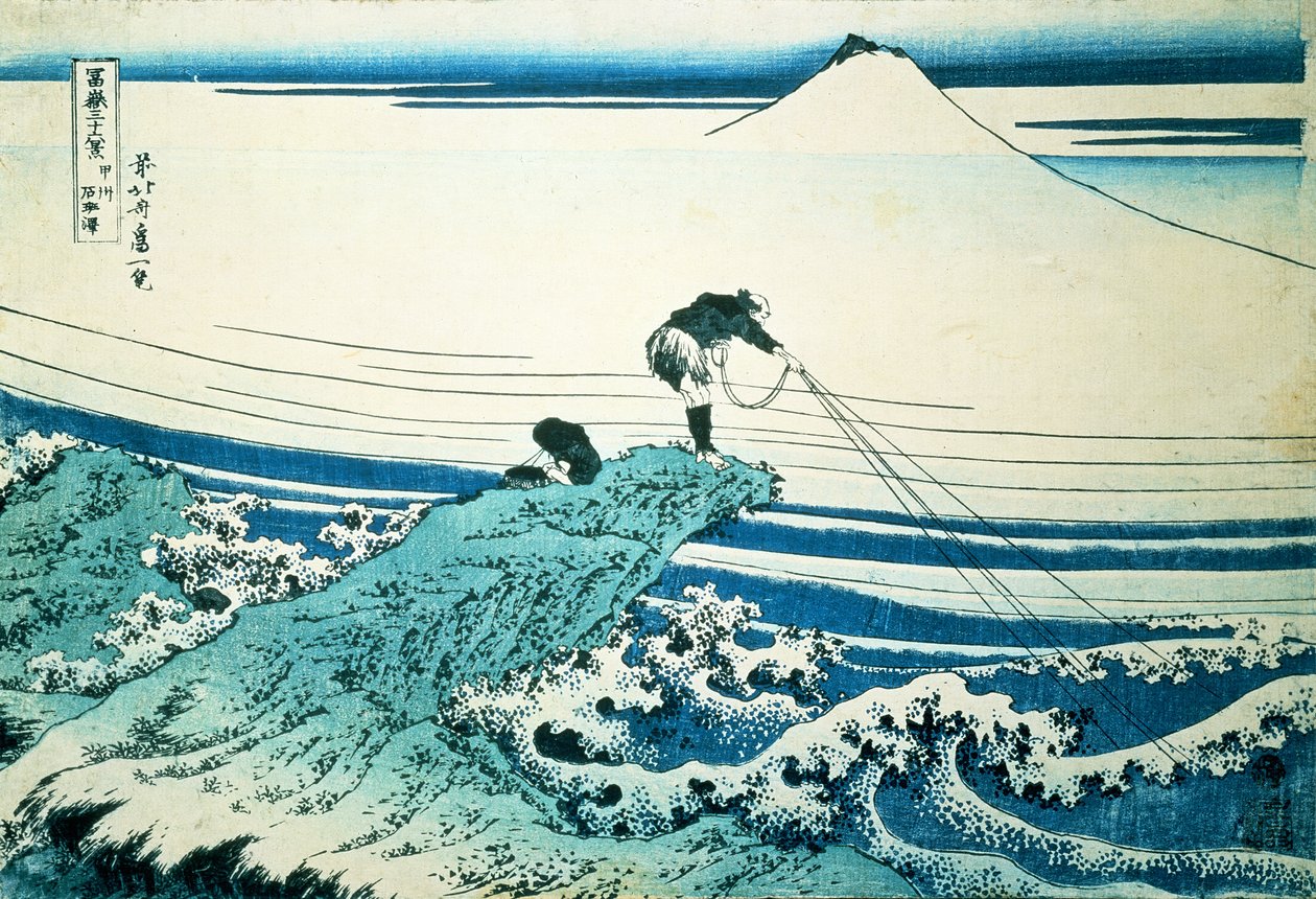 "En fisker som står på en steinete odde ved Kajikazawa i Kai-provinsen", fra serien "36 Views of Mt.Fuji", pub. ca. 1830-31, av Katsushika Hokusai