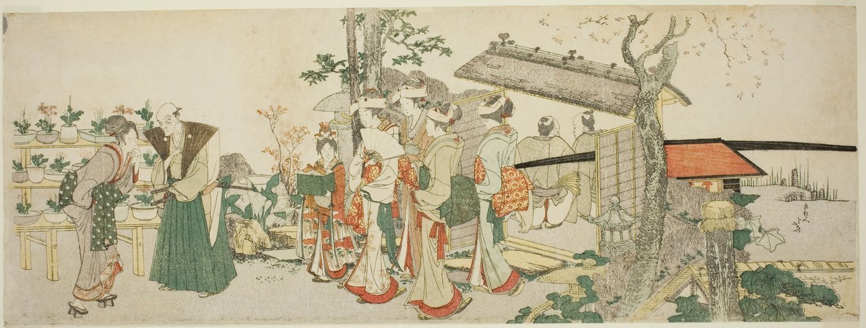 En gruppe unge kvinner på vei inn i hagen til en hagebruker av Katsushika Hokusai