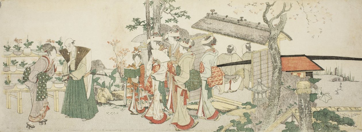 En gruppe unge kvinner på vei inn i hagen til en hagebruker av Katsushika Hokusai