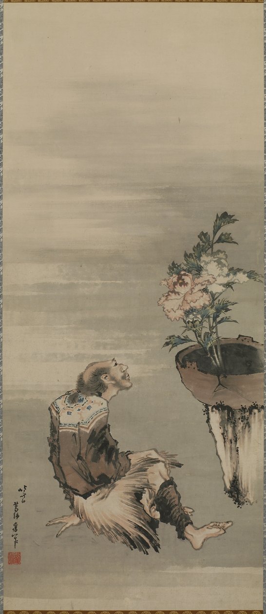 En sittende mann som ser på peoner i potte, Edo-perioden (blekk og farge på papir) av Katsushika Hokusai