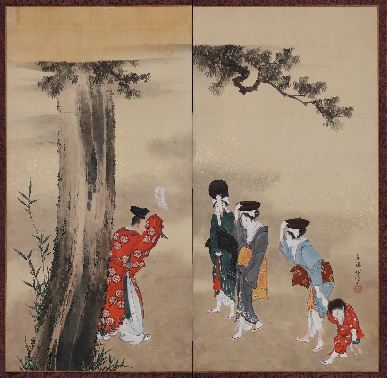 En shintoprest, tre kvinner og et barn, Edo-perioden, ca. 1799-1801. av Katsushika Hokusai