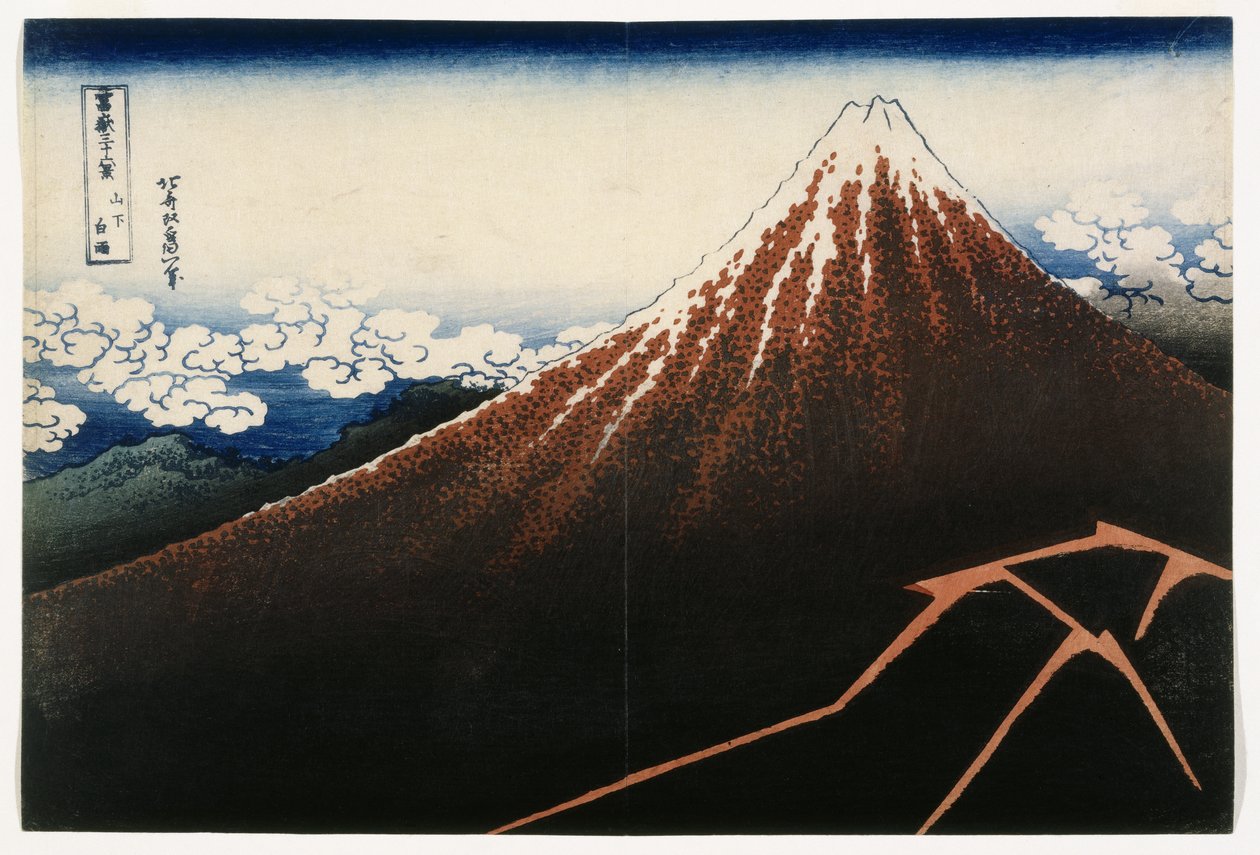 A Shower Below the Summit, fra serien, Thirty-six Views of Mount Fuji (Fugaku sanjurokkei), ca 1823 (treblokktrykk) av Katsushika Hokusai