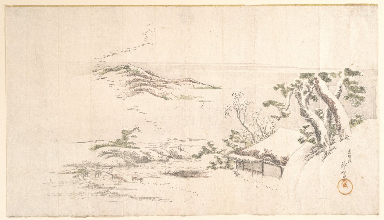 Et snødekt landskap med grå skyer av Katsushika Hokusai