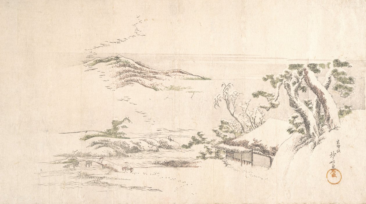 Et snøkledd landskap med grå skyer, ca. 1800. av Katsushika Hokusai