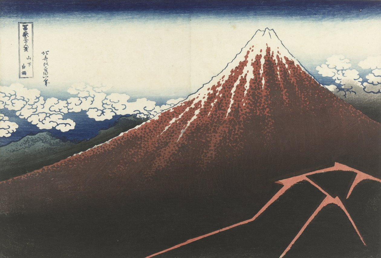A Thunderstorm Below The Summit, ca. 1830 (treblokktrykk) av Katsushika Hokusai