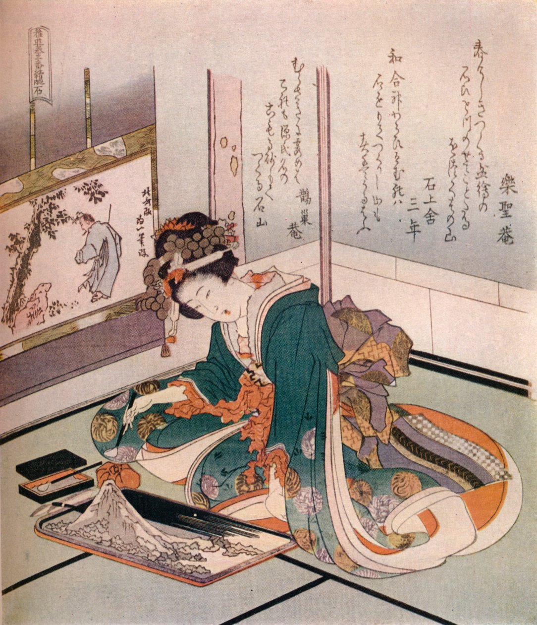 En kvinne som lager en miniatyrmodell av Fuji-fjellet, c1823. av Katsushika Hokusai