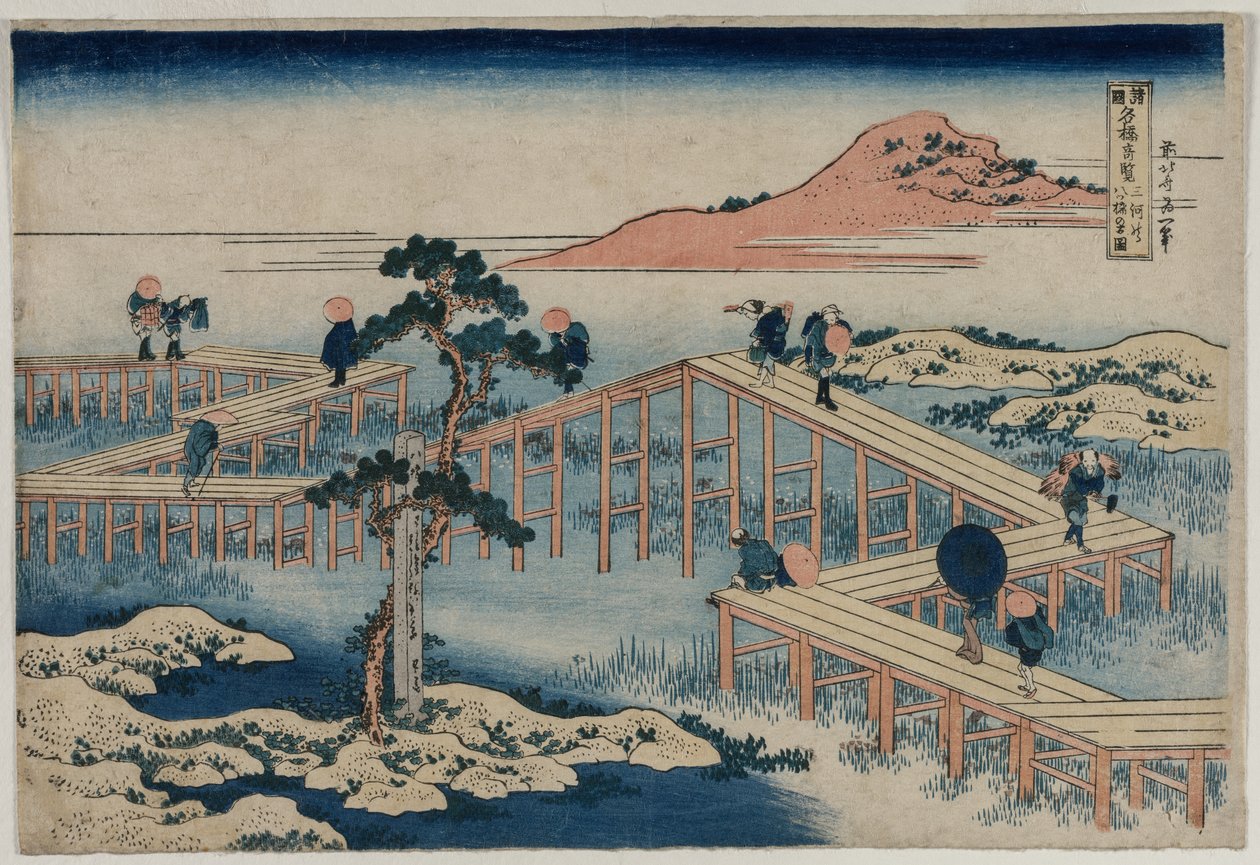 Et eldgammelt bilde av broen med åtte deler i Mikawa-provinsen (fra serien Curious Views of Famous Bridges in the Provinces) av Katsushika Hokusai