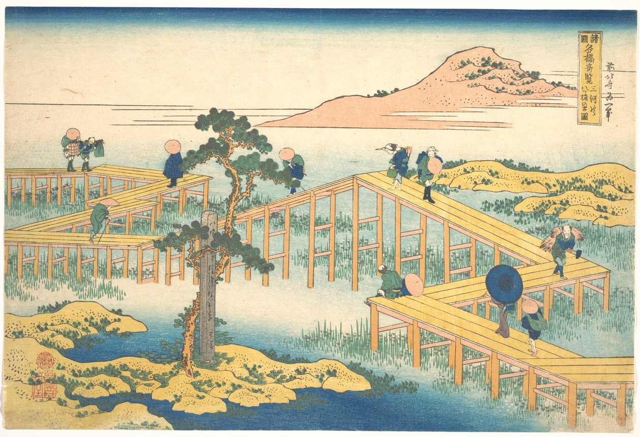 Gammelt bilde av Yatsuhashi i Mikawa-provinsen (Mikawa no Yatsuhashi no kozu), fra serien «Bemerkelsesverdige utsikter over broer i ulike provinser» (Shokoku meikyō kiran) av Katsushika Hokusai