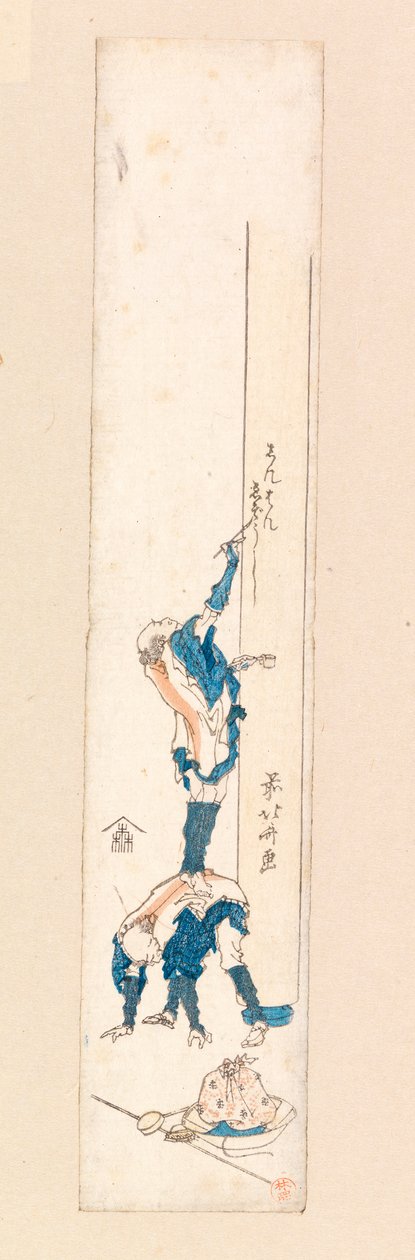 Kunstner som står på ryggen til en mann og skriver på en søyle, ca. 1820 (fargetresnitt) av Katsushika Hokusai