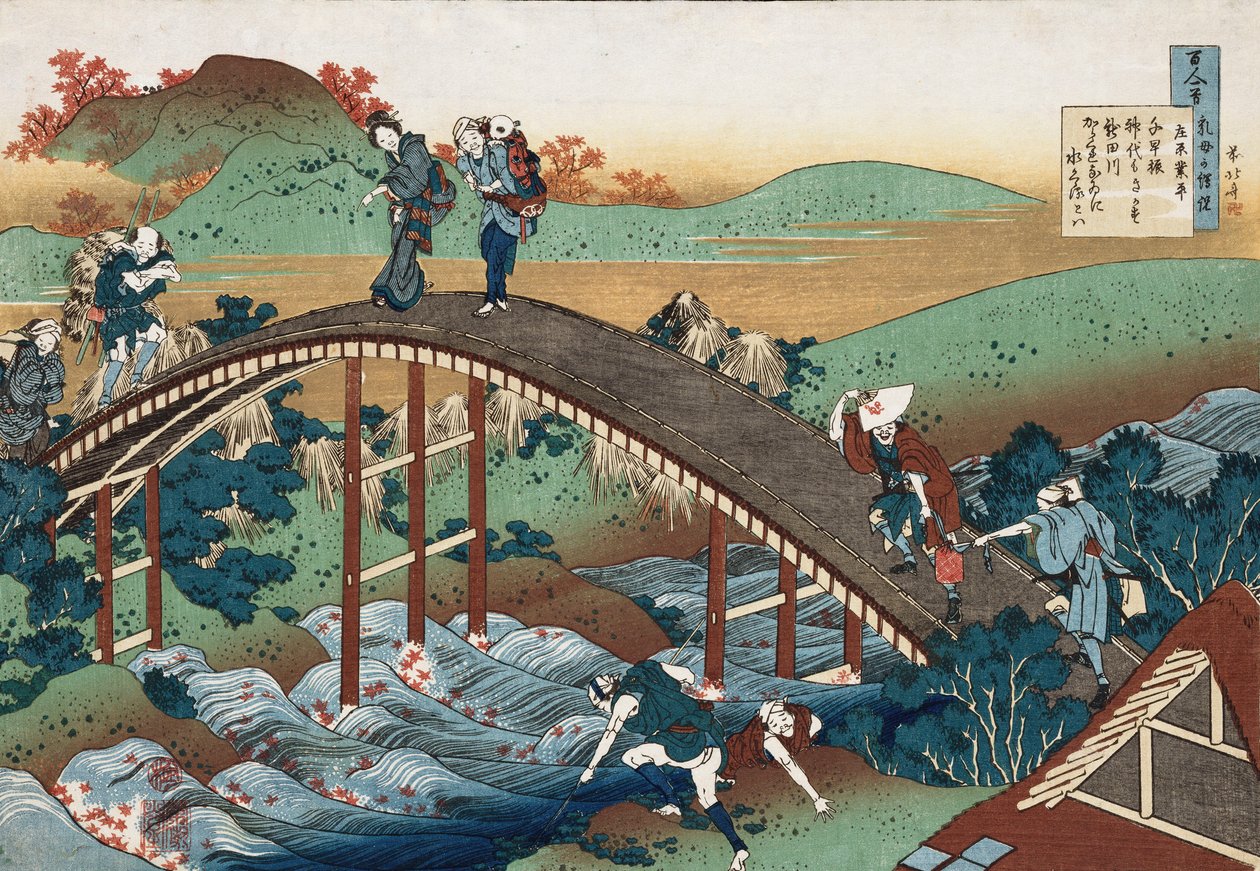 Høstløv på Tsutaya-elven, fra serien "One Hundred Poems as Told by the Nurse", ca. 1839 av Katsushika Hokusai